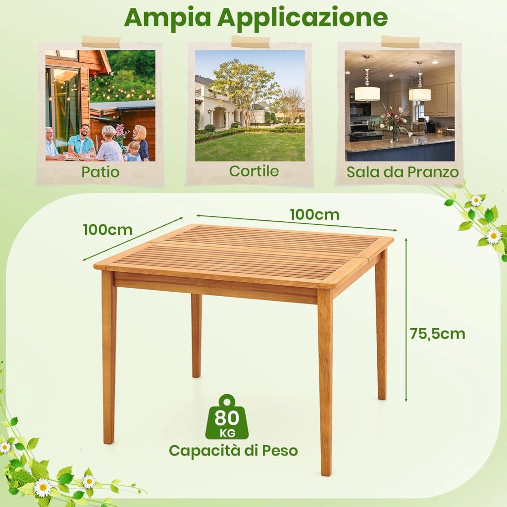 Tavolo da Pranzo Esterno 100 cm, Tavolo Quadrato da Giardino in Legno di Acacia, con Foro per Ombrellone 5 cm, 4 Posti, 100 x 100 x 75,5 cm, Portata 80 kg (100 x 100 x 75,5 cm)