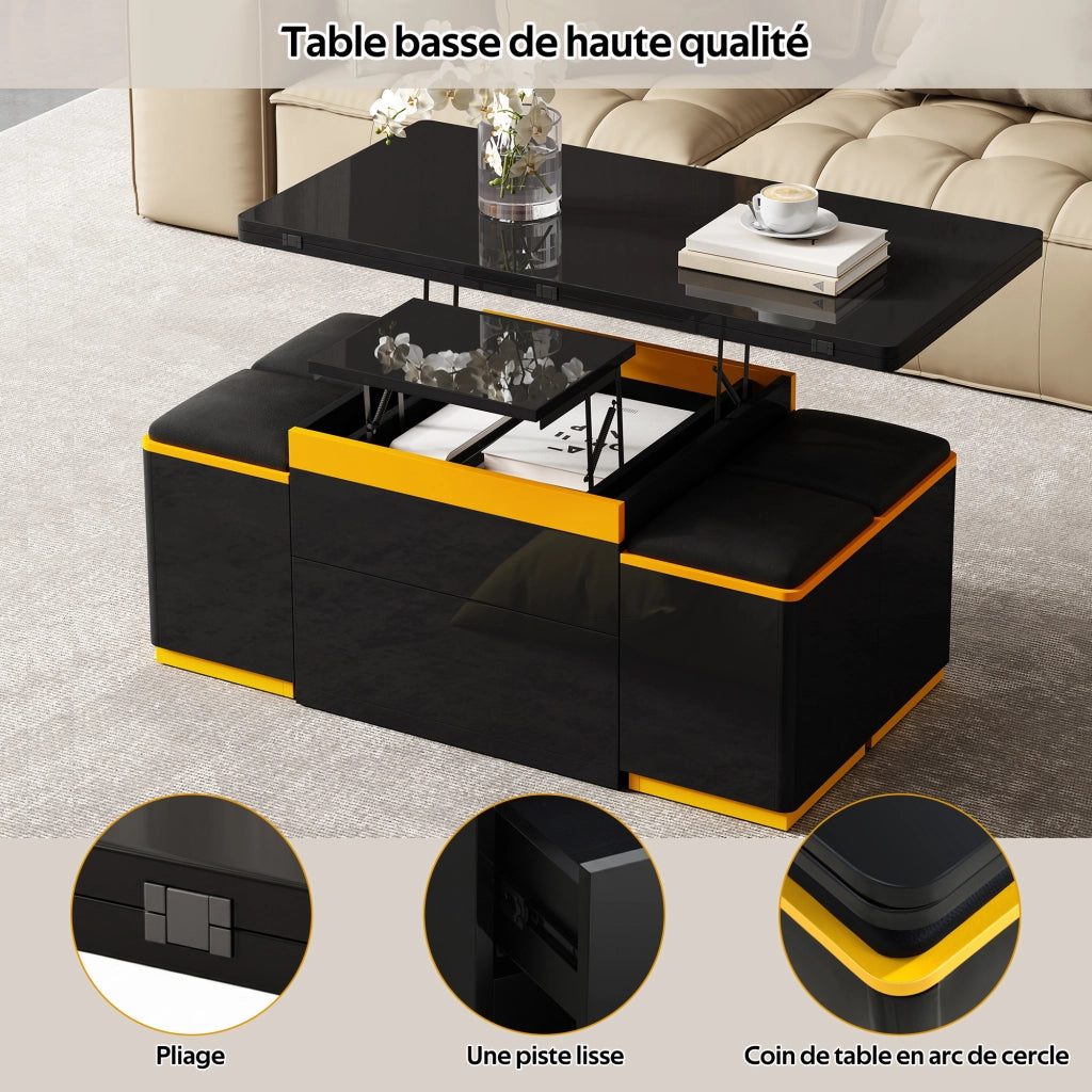 Tavolino Da Salotto Sollevabile con 4 Sgabelli e Contenitore; Piano Ribaltabile; Lucido Parziale; in MDF; 100×50×43 cm; Nero Giallo