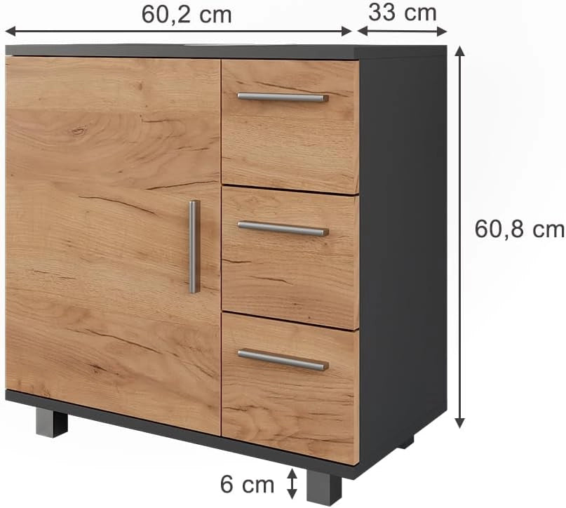Mobiletto per lavabo Ilias, Antracite/quercia dorata, 60 x 60.8 cm con anta e 3 cassetti, con intaglio per sifone per l'installazione su lavabo