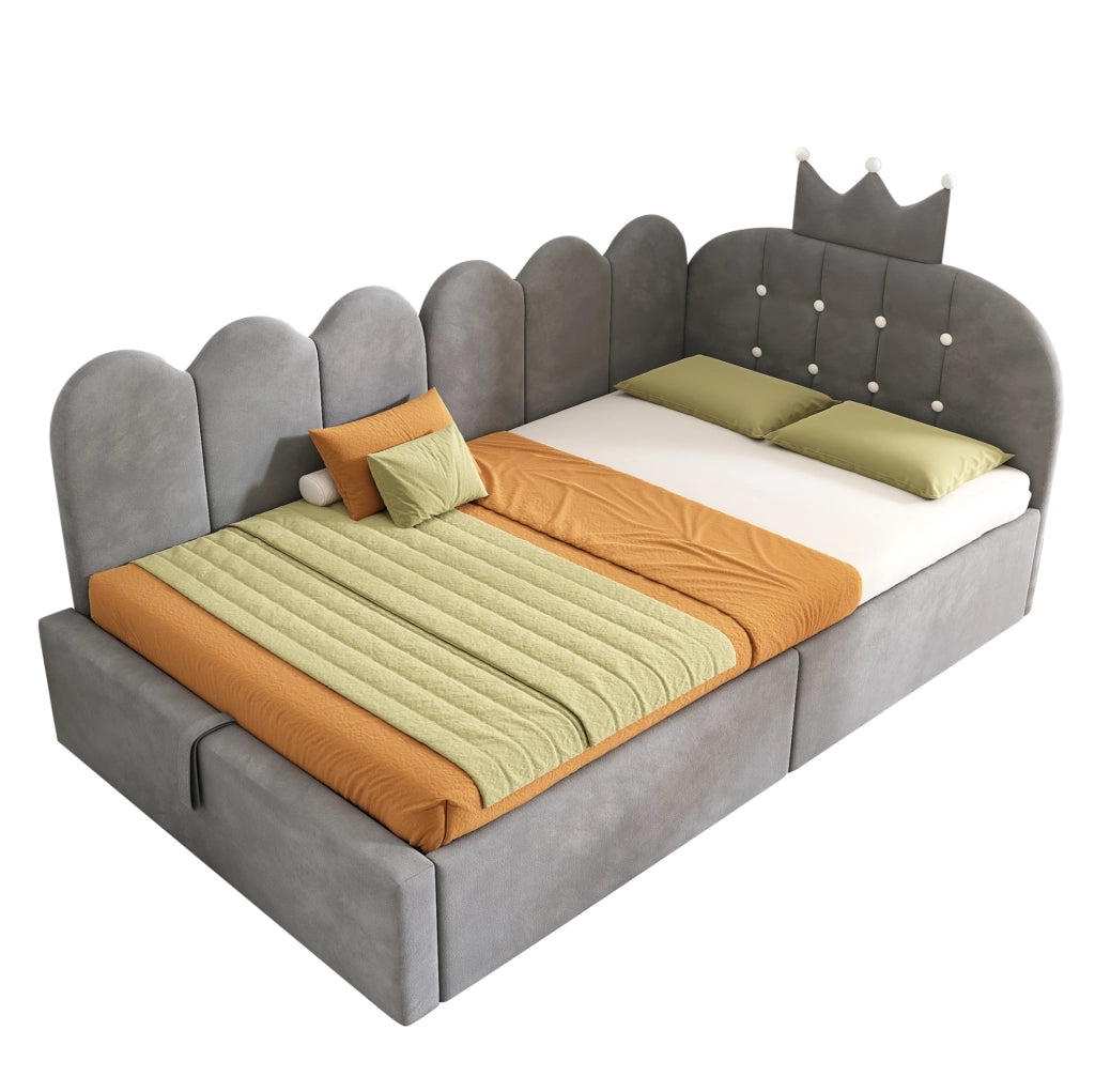 Letto singolo 90x190 cm con contenitore idraulico; velluto grigio e lati reversibili