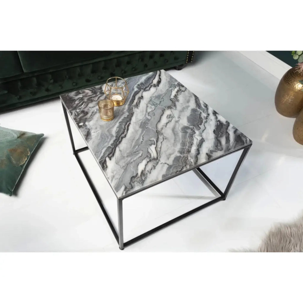 Tavolino VORTEX 50 cm in marmo grigio lucido con struttura in metallo nero