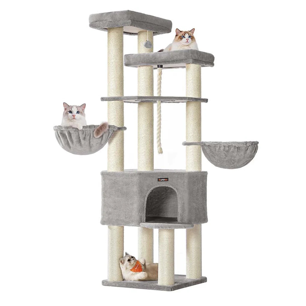 Tiragraffi grande torre gioco per gatti a più livelli 55 x 55 x 186,7 cm pali in sisal da 11 cm di diametro grigio Maine Coon 12_0008008