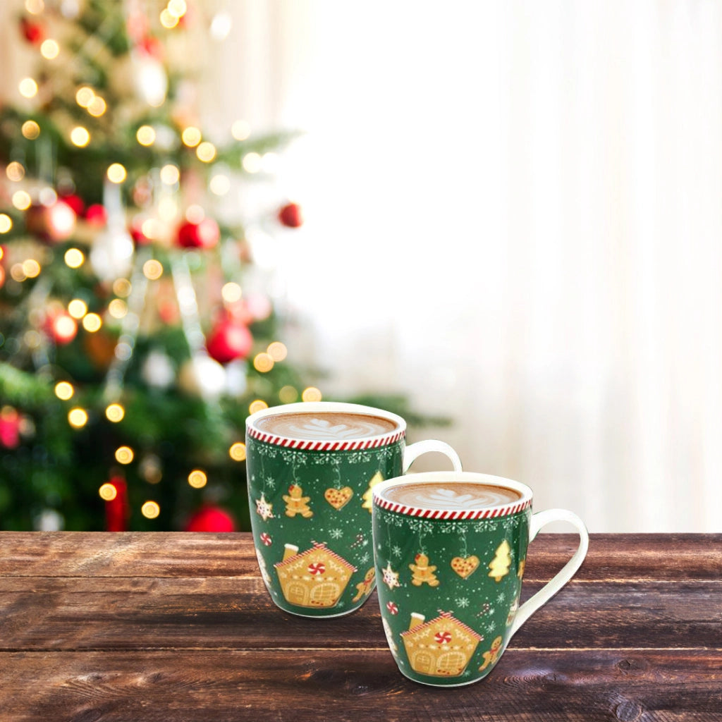 MA MAISON SET 2 TAZZE MUG 350 CC ROSSE E VERDI STILE NATALIZIO COOKIES IDEA REGALO