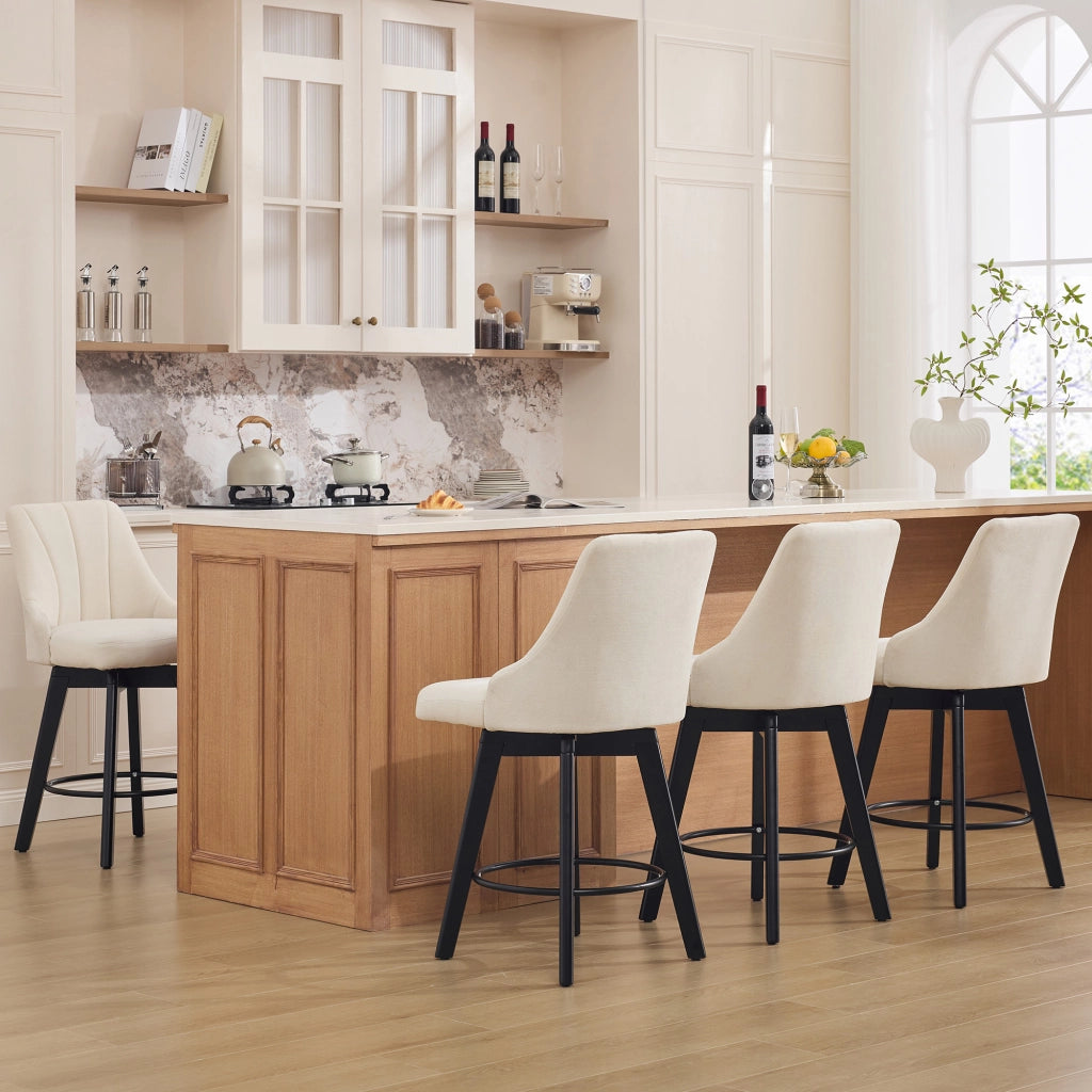 Sgabello da bar girevole 360° in ciniglia beige con schienale imbottito e poggiapiedi