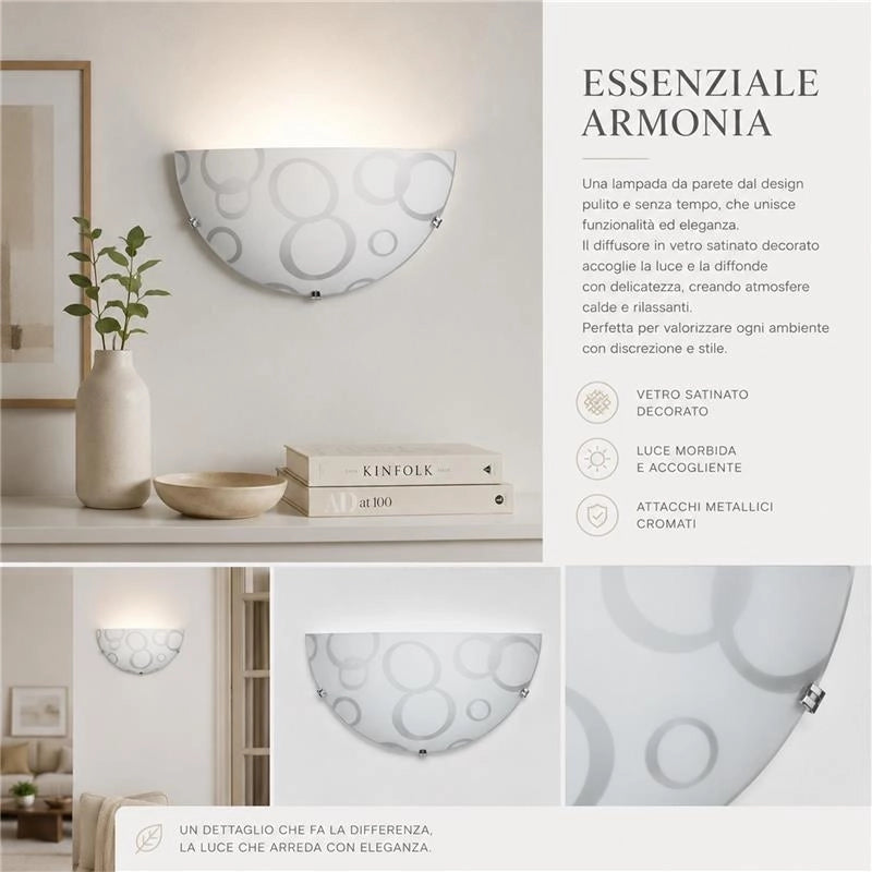 APPLIQUE DARIA 1XE27 GANCI CROMO VETRO LASTRA BIANCO DECORATO CERCHI Ø30-H.15-P.10 CM