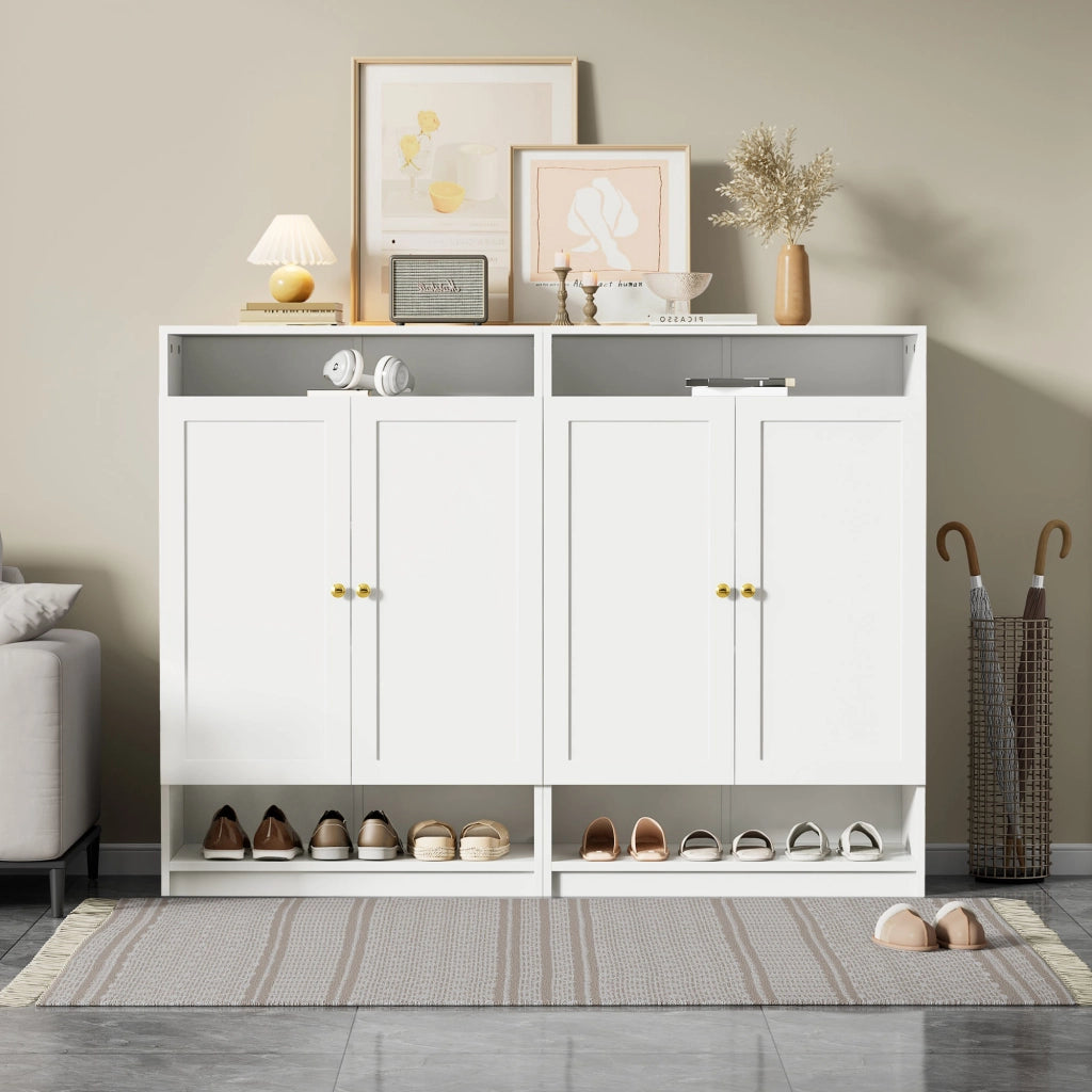 Scarpiera con 2 ante ripiani regolabili e vani aperti per ingresso in truciolare bianco 146 × 34 × 109 cm