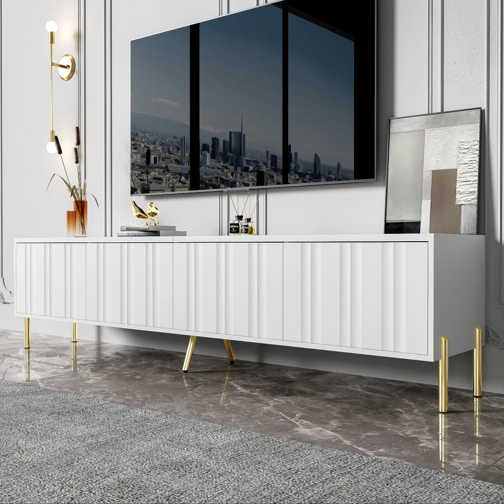 Mobile TV con 4 Ante e 8 Vani; Piedini Dorati 15 cm; Ante Scanalate; Stile Moderno; 190??38??48 cm; in MDF; Bianco
