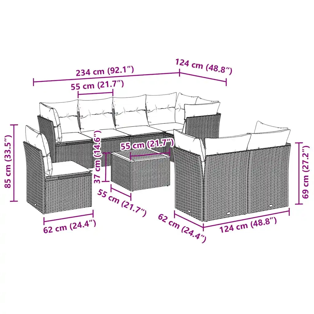 Set Divani da Giardino 9 pz con Cuscini Nero in Polyrattan 3256070