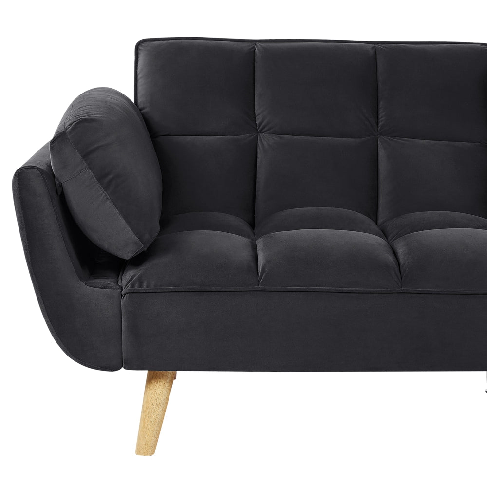 Divano Letto Tessuto Velluto Nero 3 Posti Gambe In Legno Imbottitura In Schiuma Imbottitura Biscuit Schienale Diviso