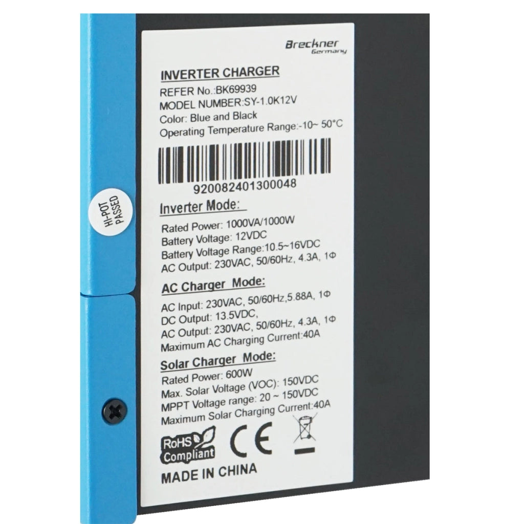 Inverter solare ibrido 1,0 KW, 12V, 40A, MPPT, monofase, OFF-GRID, SY-1.0K12V Breckner Germany