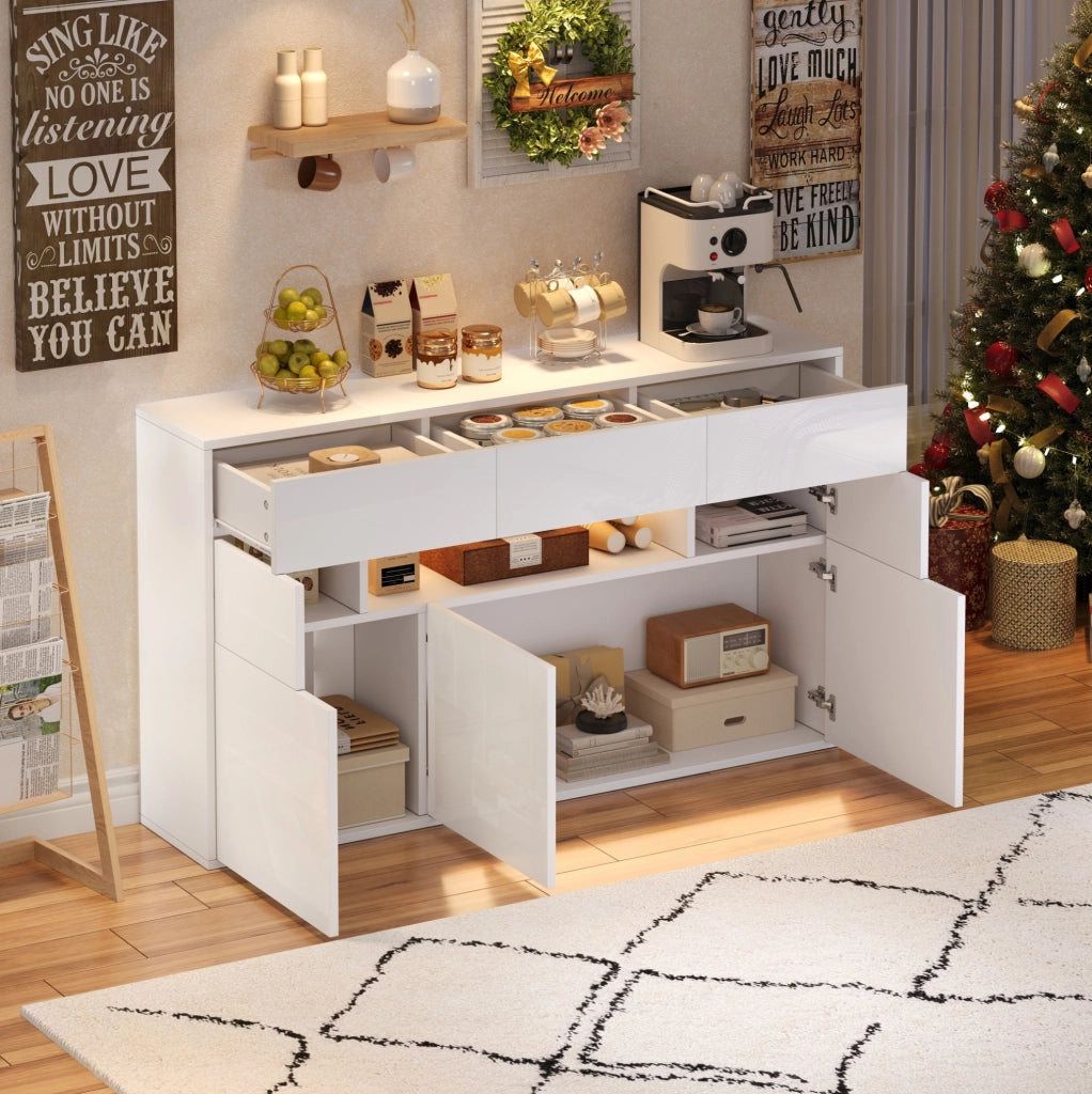 Credenza 140x30x82 cm con 3 cassetti e 5 vani; LED e finitura lucida in MDF bianca