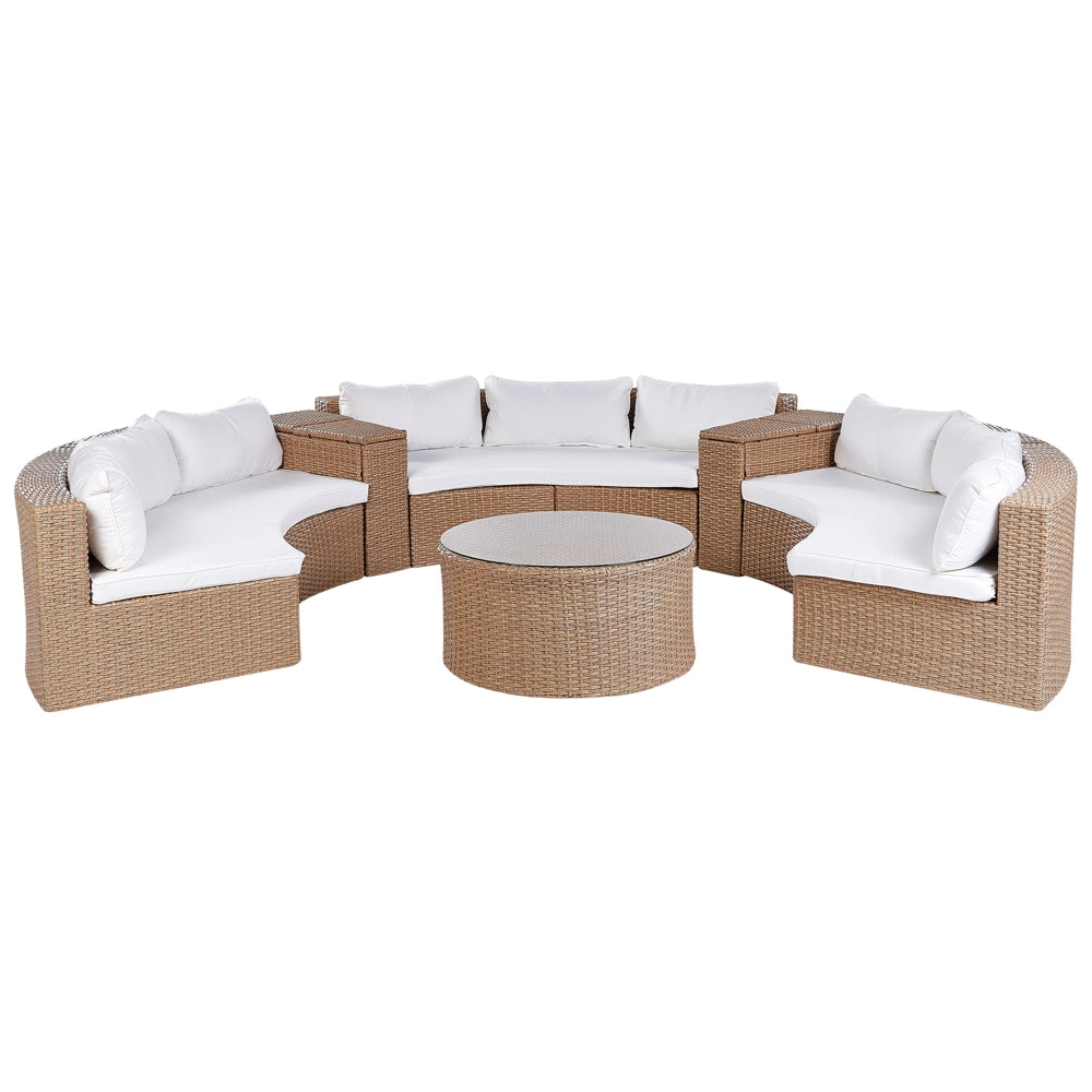 Set divano ad angolo da giardino beige sabbia finto rattan a forma di U 9 posti cuscini bianchi curvi con tavolo set di conversazione