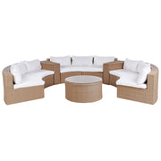 Set divano ad angolo da giardino beige sabbia finto rattan a forma di U 9 posti cuscini bianchi curvi con tavolo set di conversazione