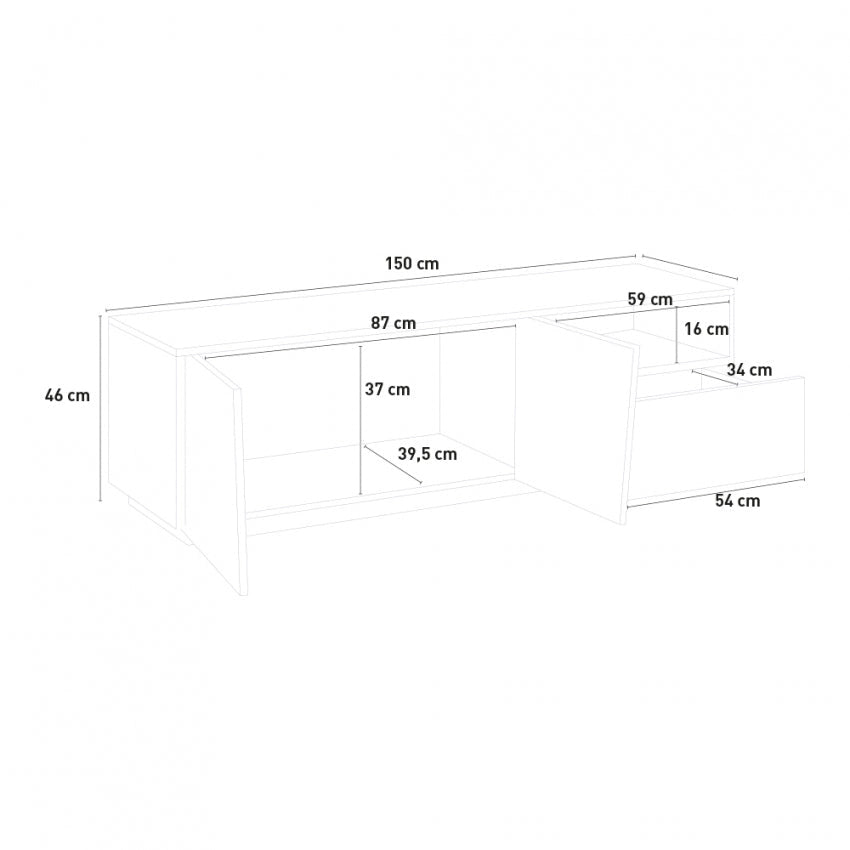 Porta TV Moderno con 2 Ante Battenti e 1 Cassetto - Modello VEGA, Colore Ardesia da 150 cm