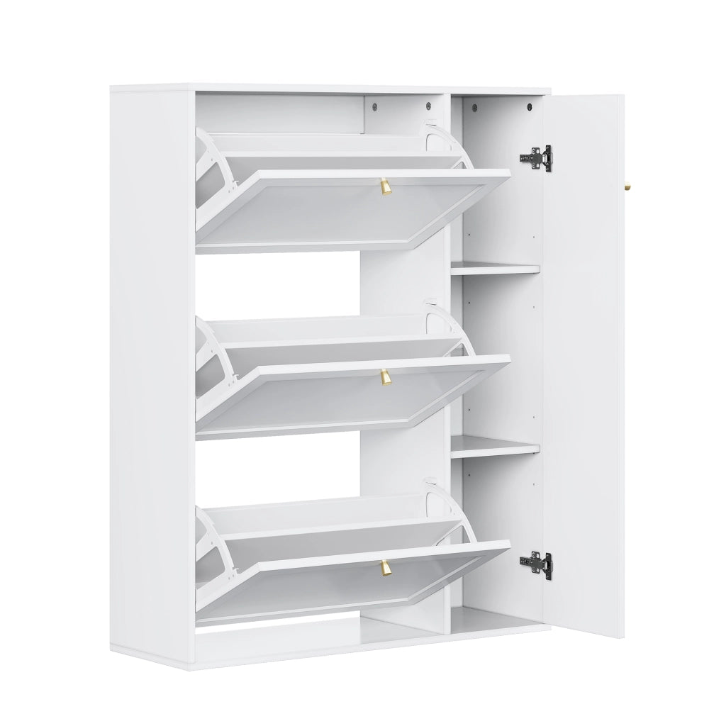 Mobile portascarpe stretto a 3 ribalte con 1 anta, design salvaspazio, bianco, 90x25x114 cm