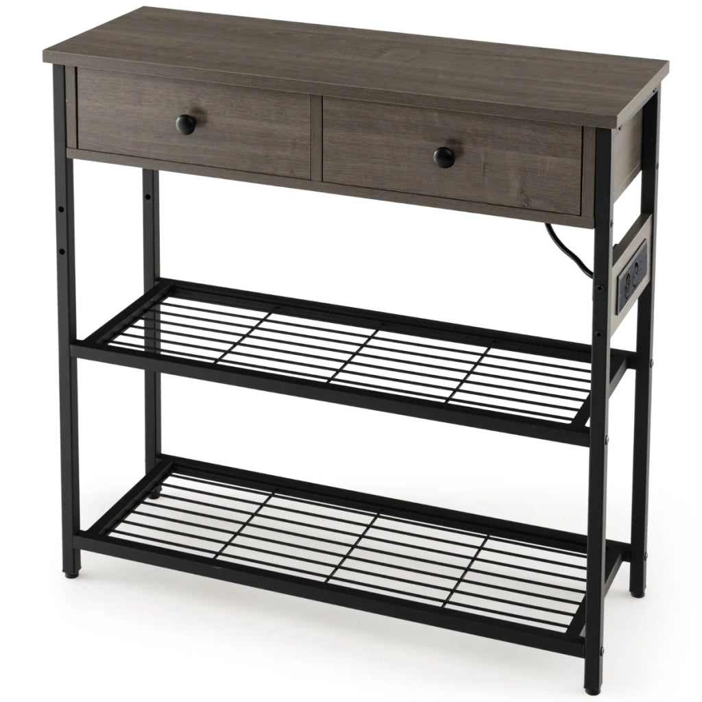 Tavolino da ingresso con stazione di ricarica 81 x 30 x 81 cm contenitore funzionale con 2 cassetti e 2 ripiani in legno grigio 20_0013891