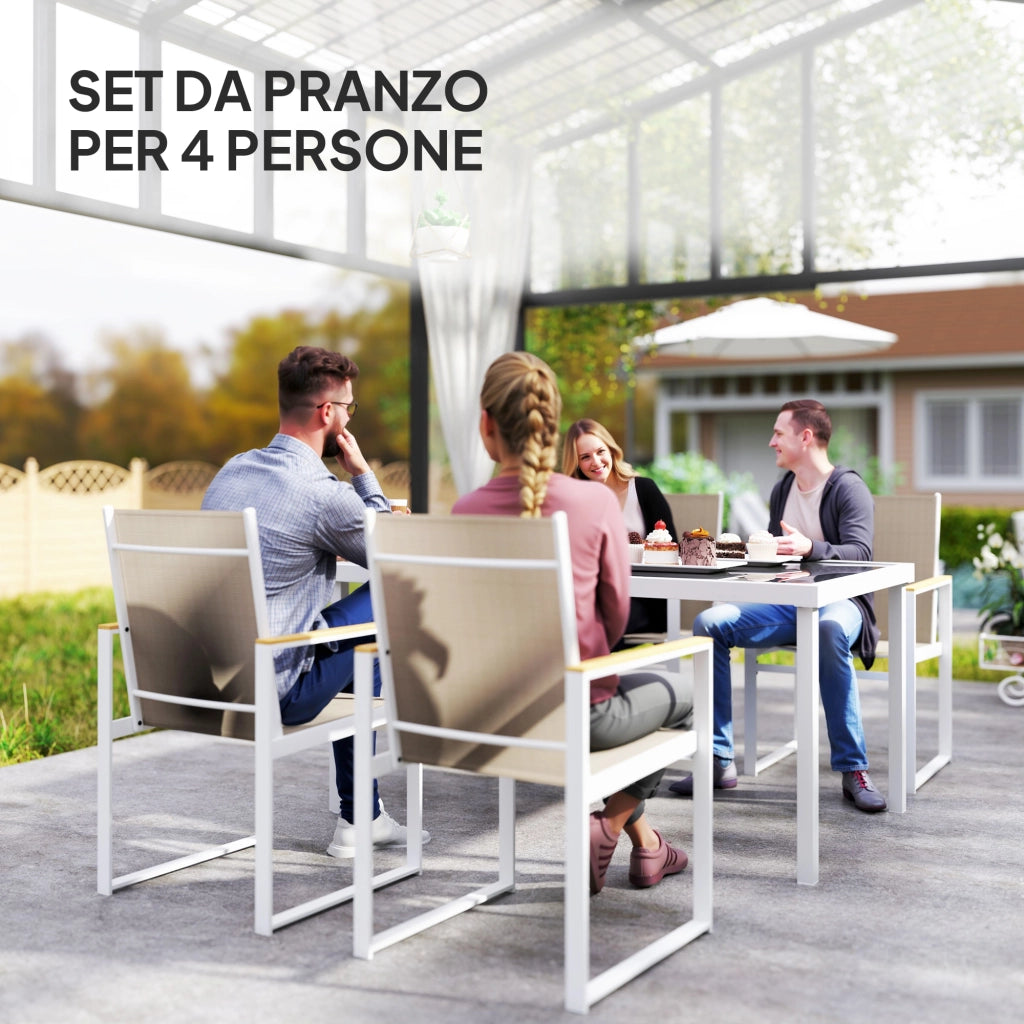 Set da Giardino con Tavolo da Pranzo in Vetro Rettangolare e 4 Sedie con Braccioli Multicolore