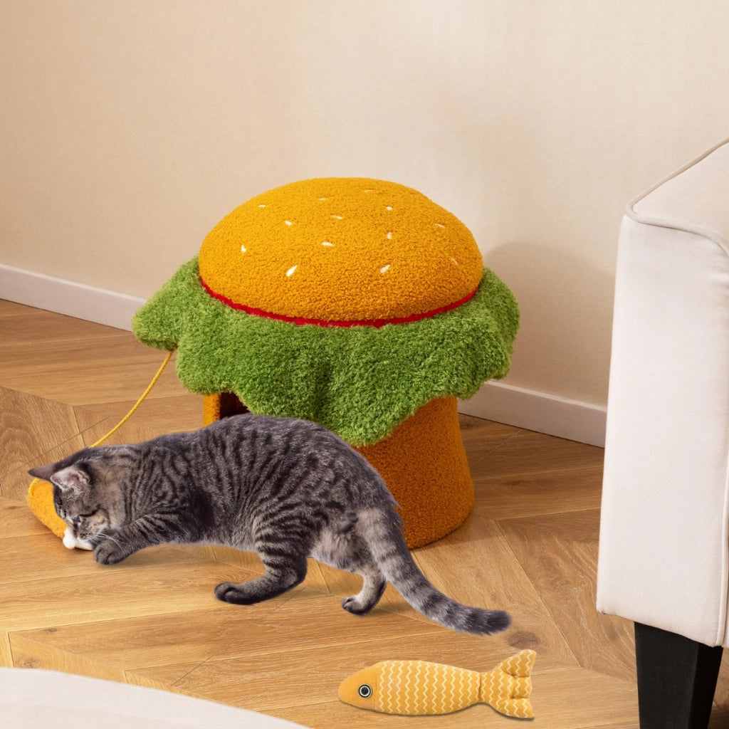 Condominio per gatti a forma di hamburger con cuccia imbottita, Letto per gatti carino giocattolo morbido sospeso Arancione