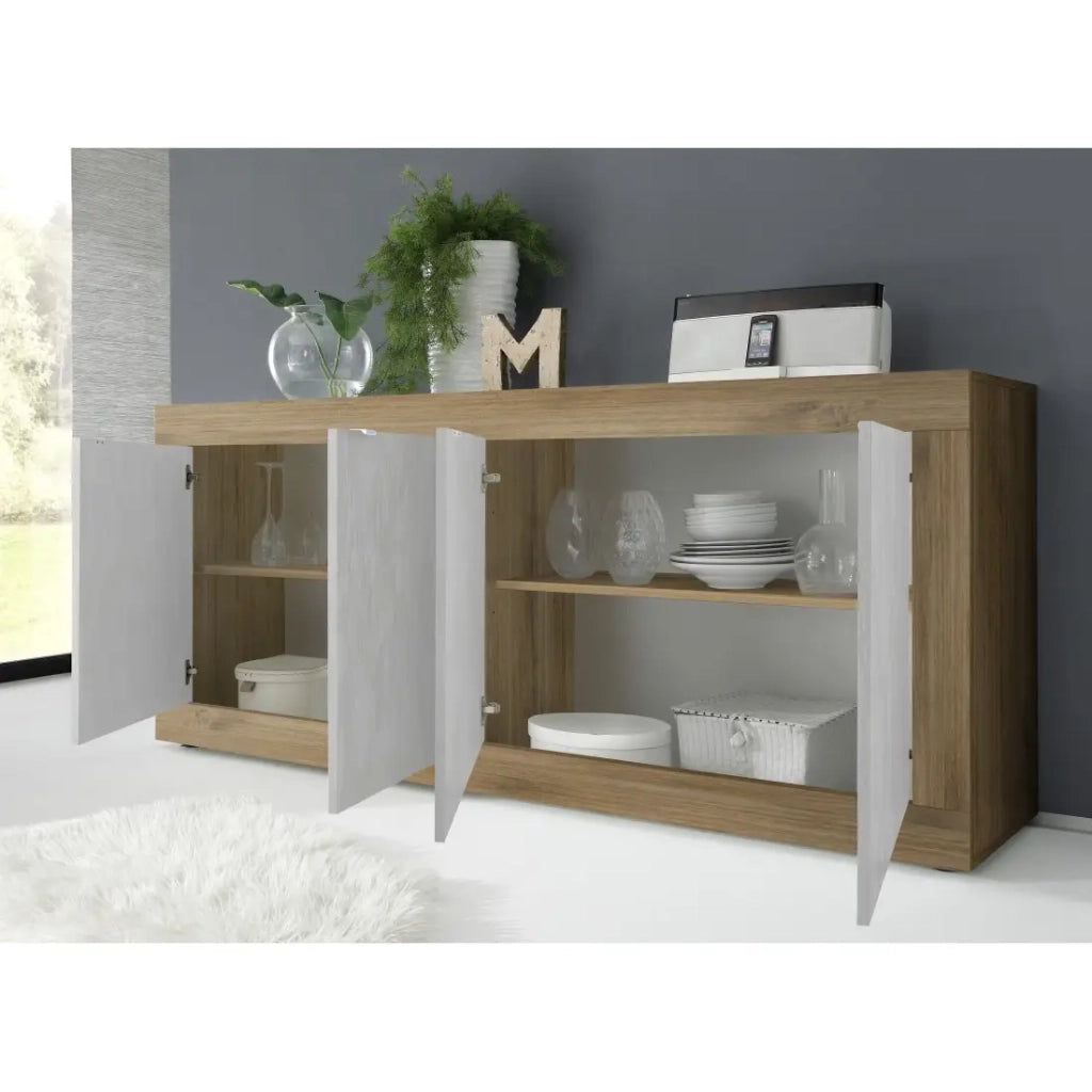 Credenza a 4 porte collezione ACCESS. Colori bianco e rovere scuro.