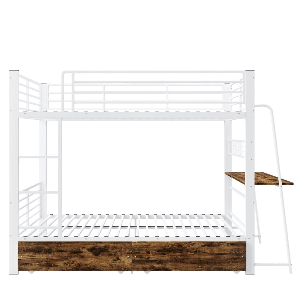 Letto a castello 90x200 cm in MDF e metallo con cassetti; bianco opaco; nero e rovere scuro