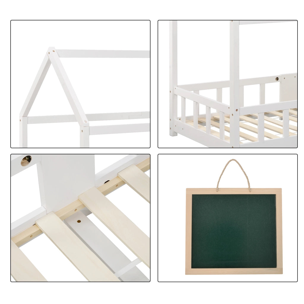 OKWISH Letto a Casetta 90×200 cm, Letto Singolo con Sponde di Sicurezza, Lavagna e 15 Doghe, senza Materasso, Bianco