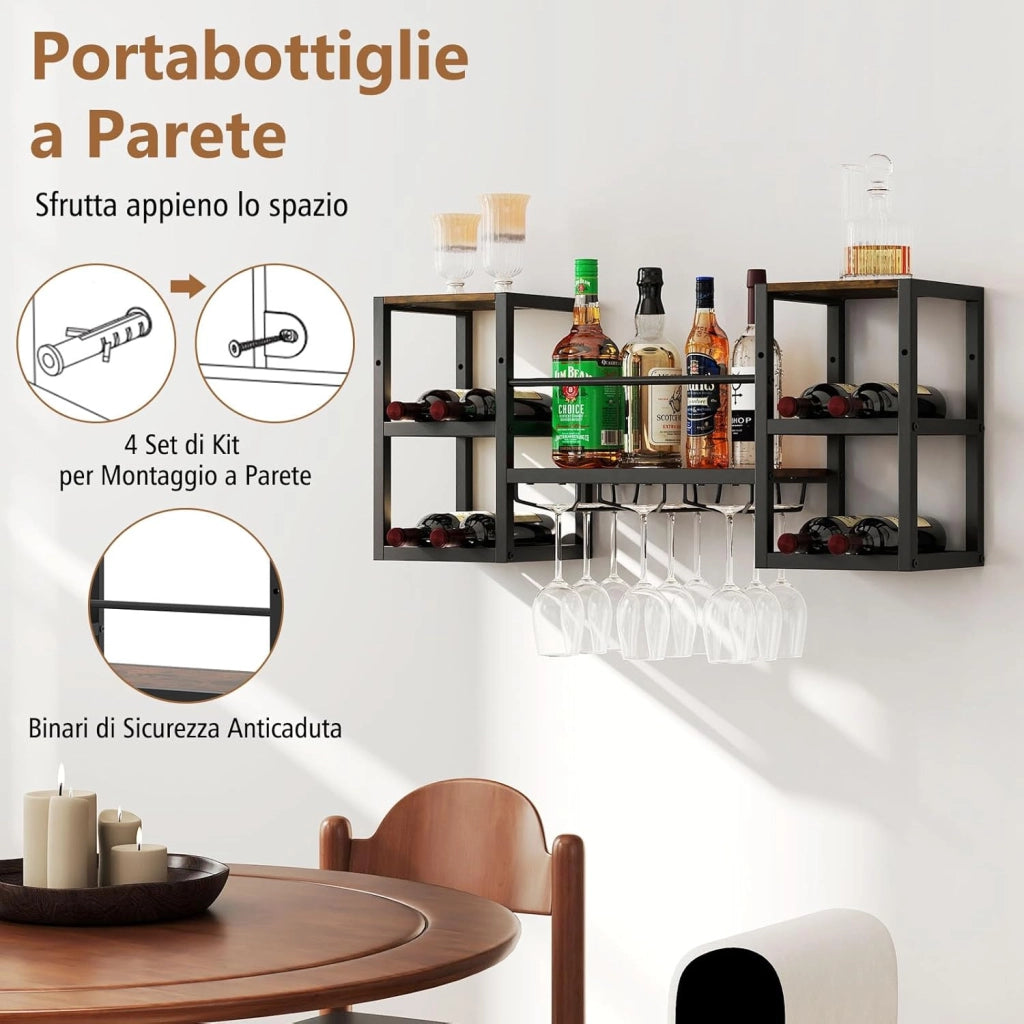 Portabottiglie da Parete con Porta Bicchieri, Struttura in Metallo per 8 Bottiglie con Ripiano Aperto, Scaffale da Muro a 3 Livelli per Sala da Pranzo e Cucina, 89 x 25 x 40 cm