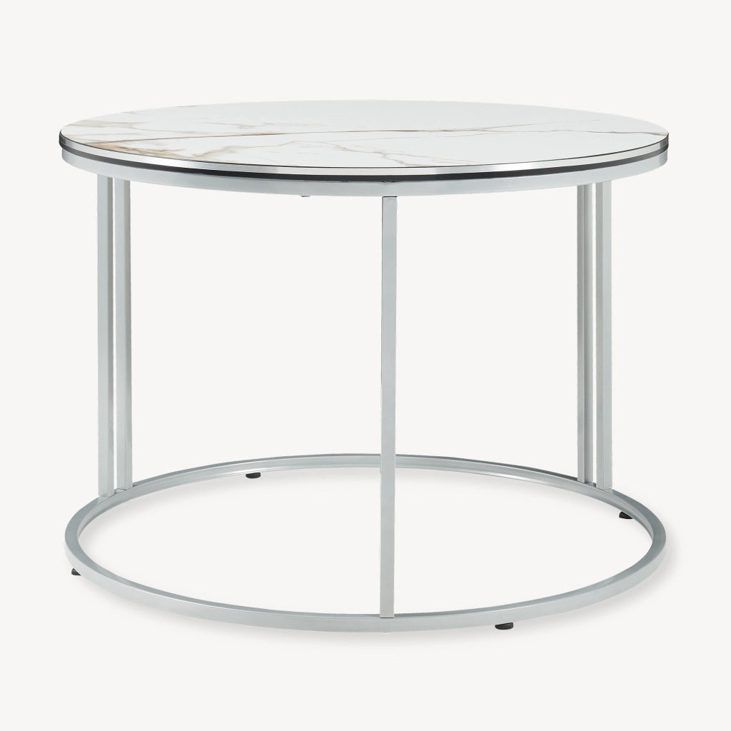 Tavolino Basso da Caffè 'Aulum' Piano Rotondo - Effetto Marmo Bianco / Argentato [en.casa]
