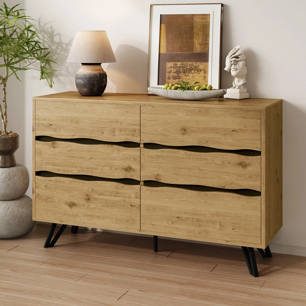 Credenza con 6 Cassetti; Frontali Ondulati e Piedini in Metallo; Stile Moderno; in Pannello Truciolare; Legno; 120??40??75;5 cm