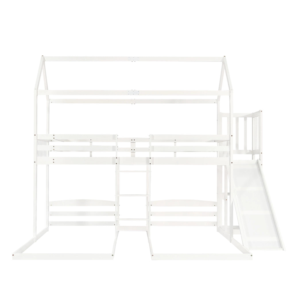 Letto a castello per bambini con scivolo, tetto design, tre posti letto 90x200 cm, bianco