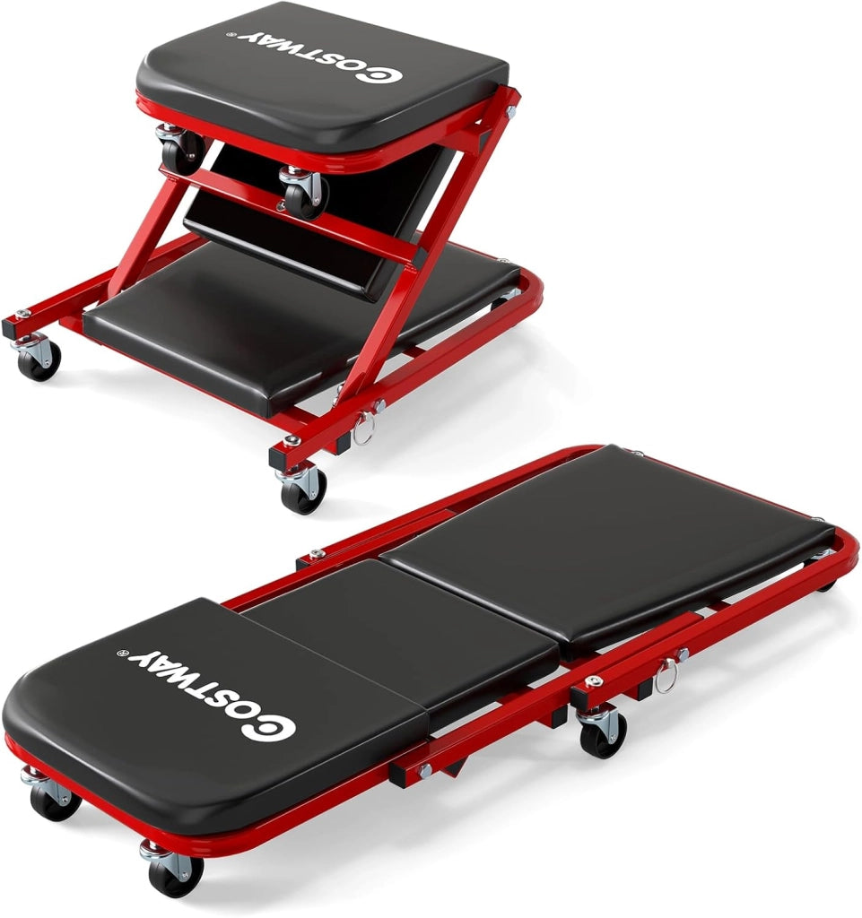 COSTWAY 2 in 1 Sgabello da Officina a Forma di Z, Carrello Meccanico sotto Auto con Sedile Imbottito e Ruote Girevoli a 360°, Portata 150 kg, per Garage e Officina (Nero)