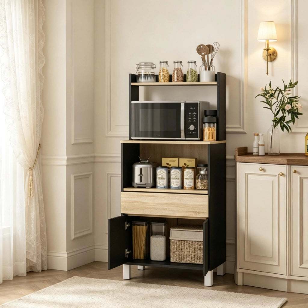Mobile per microonde, credenza da cucina, mobile per microonde con armadietto, cassetti e ripiano superiore, pratico mobile contenitore da cucina per