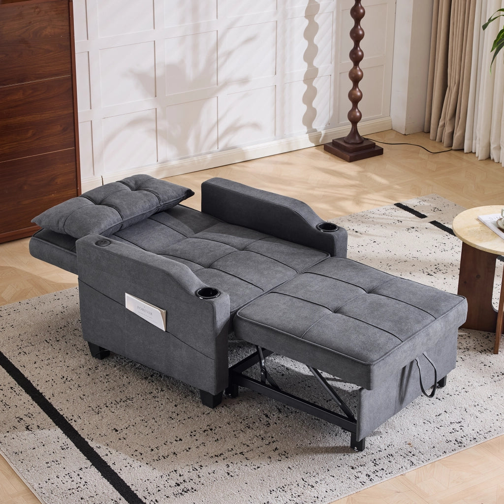 Poltrona letto 3 in 1 con portabicchieri USB e schienale regolabile in legno e metallo grigio scuro