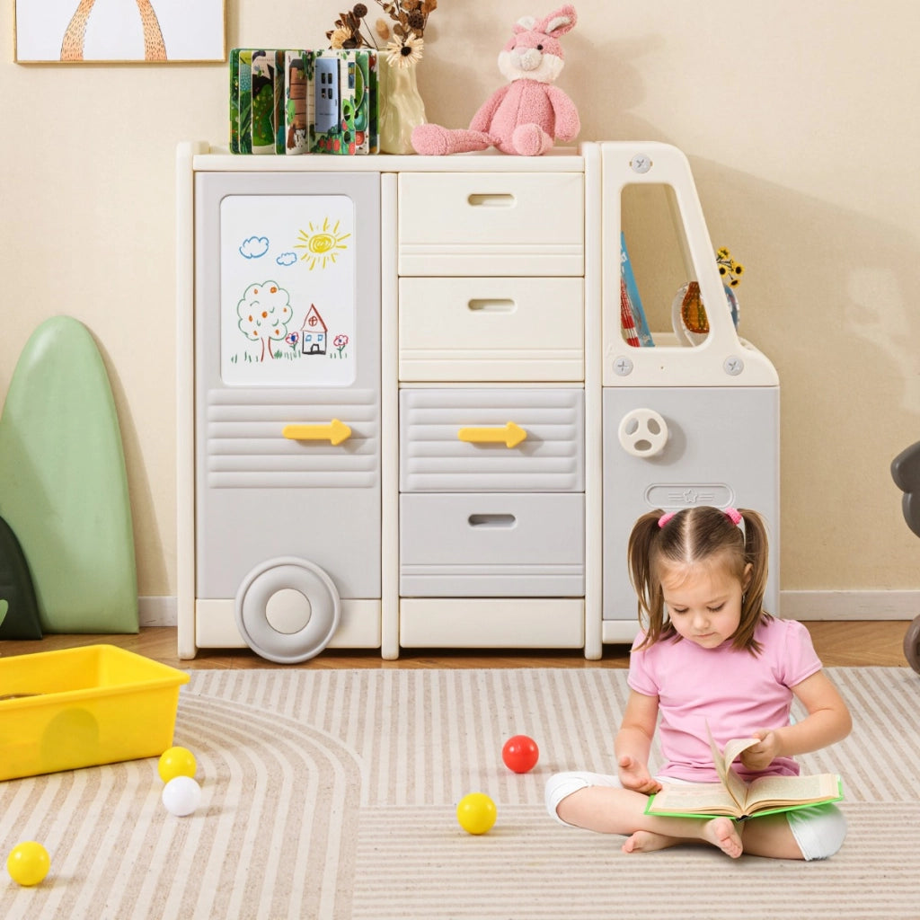 Organizzatore di giocattoli per bambini, Mobiletto a forma di autobus con 4 cassetti estraibili con maniglie Beige e Grigio-Scaffalature