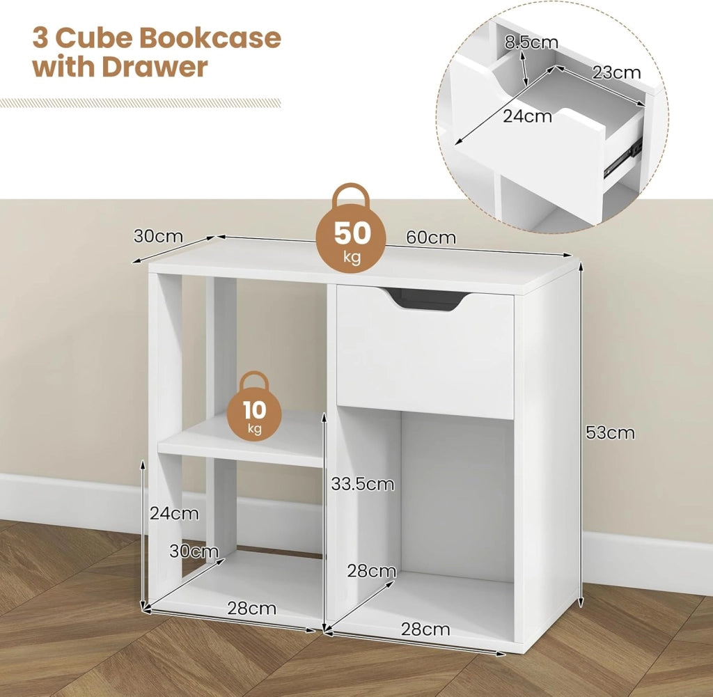 Scaffale portaoggetti con 3 cubi, 60 x 30 x 53 cm, libreria in legno indipendente, 2 livelli con 1 cassetto, mensola da esposizione per soggiorno, studio, ufficio (Bianco)