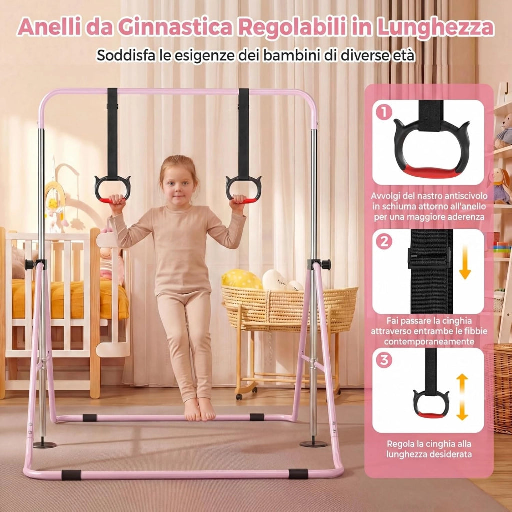 COSTWAY Sbarra Ginnastica Pieghevole per Bambini, Barra Ginnastica per Casa Regolabile a 4 Livelli con Anelli e Cuscinetti Antiscivolo, Attrezzatura Ginnastica per Bambini 3-12 Anni