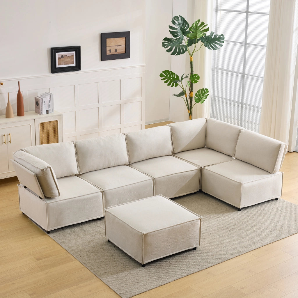 Divano angolare modulare - componibile con configurazione flessibile - in tessuto e legno - beige