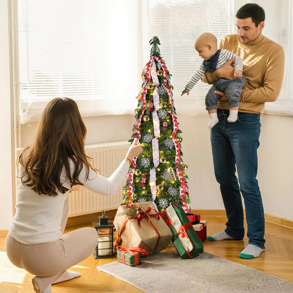 150cm Albero di Natale Pop Up, Albero di Natale Artificiale con 120PCS Luci LED, 11 Modalità di Illuminazione, Albero di natale Pieghevole, Salvaspazio, con Palline di Natale, Nastri