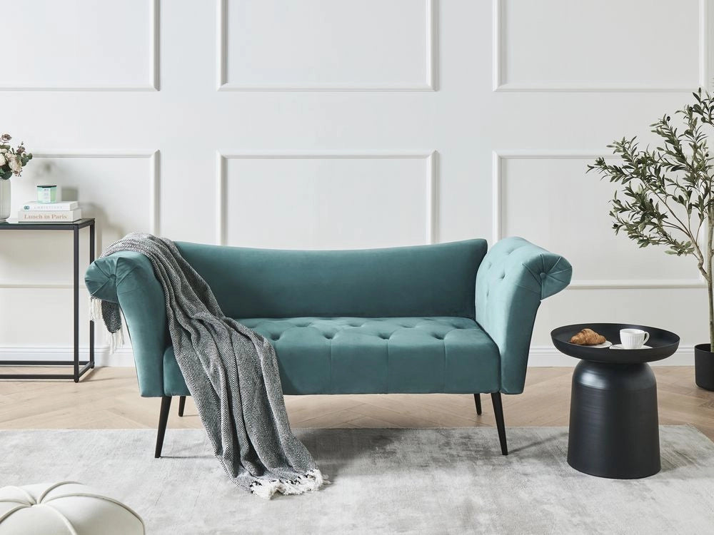 Chaise Longue in tessuto verde acqua e Gambe con gambe in metallo dorato