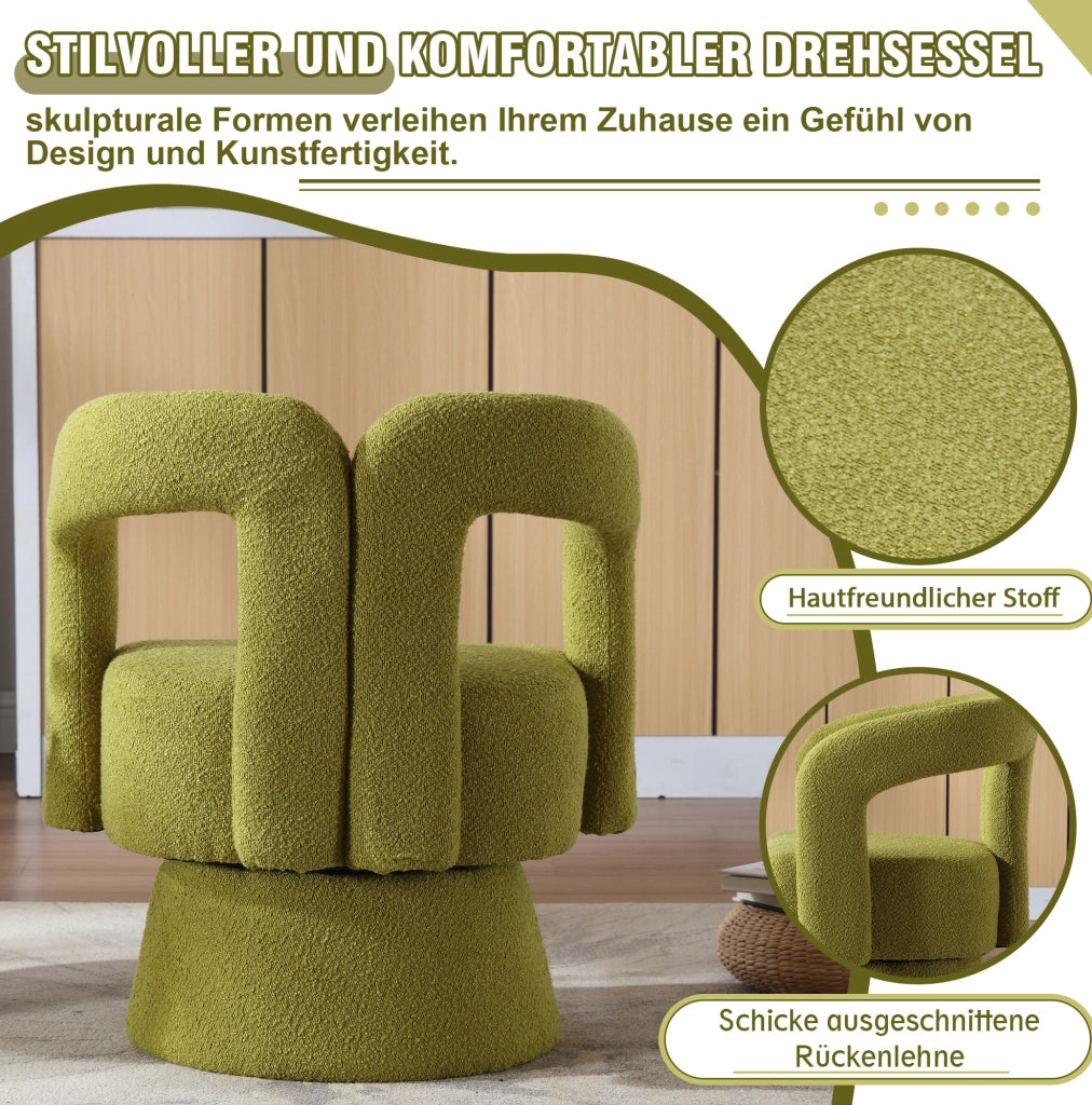 Poltrona girevole a 360° in bouclé verde oliva; 67 × 55 × 74 cm
