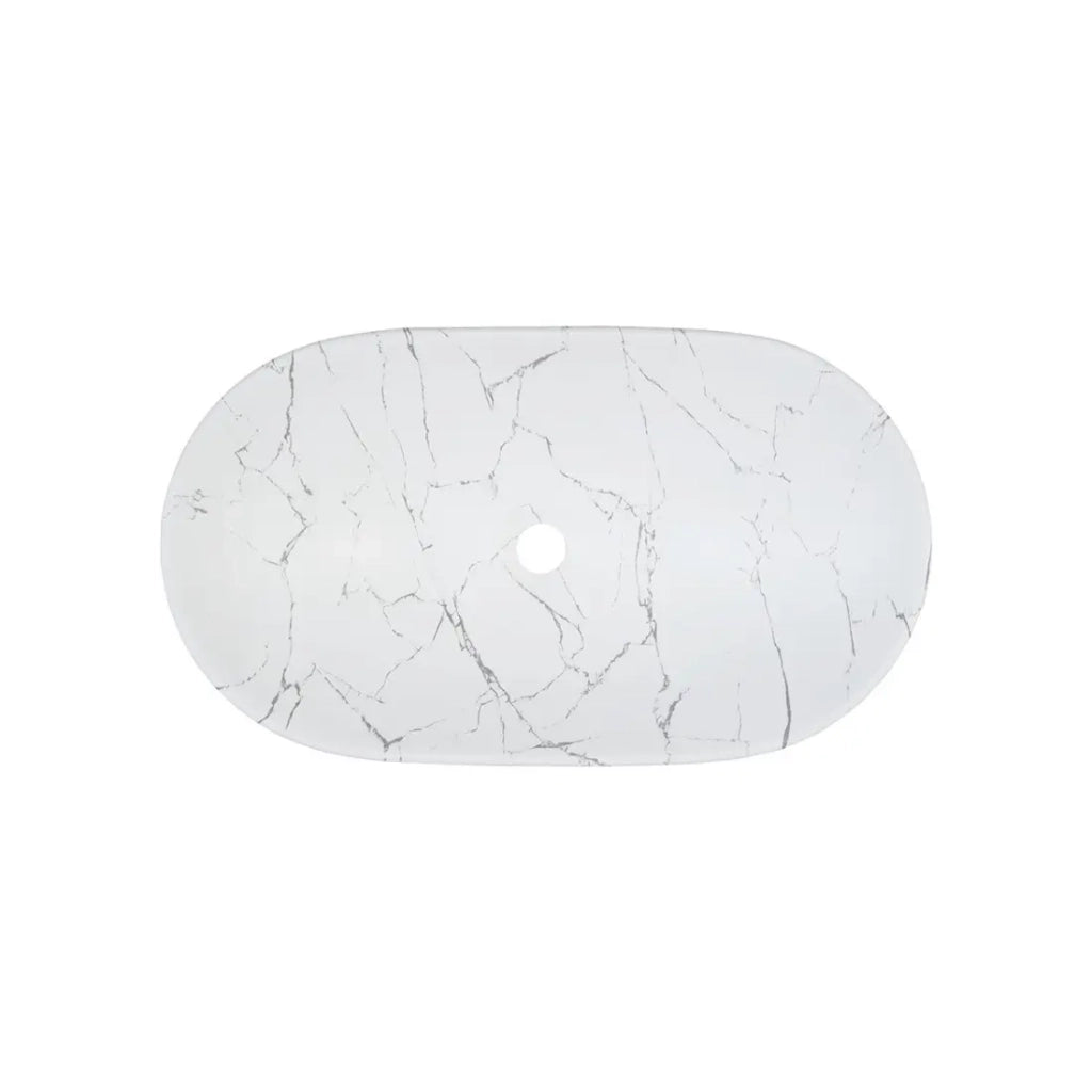 Lavabo ovale da appoggio 61,5x36 cm bianco effetto marmo con piletta click clack