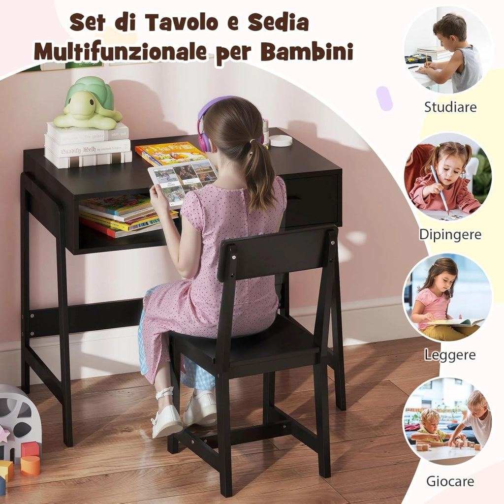 Set Tavolo e Sedia Bambini 3+ Anni, Scrivania e Sedia Legno Sicuro con Cassetto, Scrivania Ergonomica per Studio e Disegno (Nero)