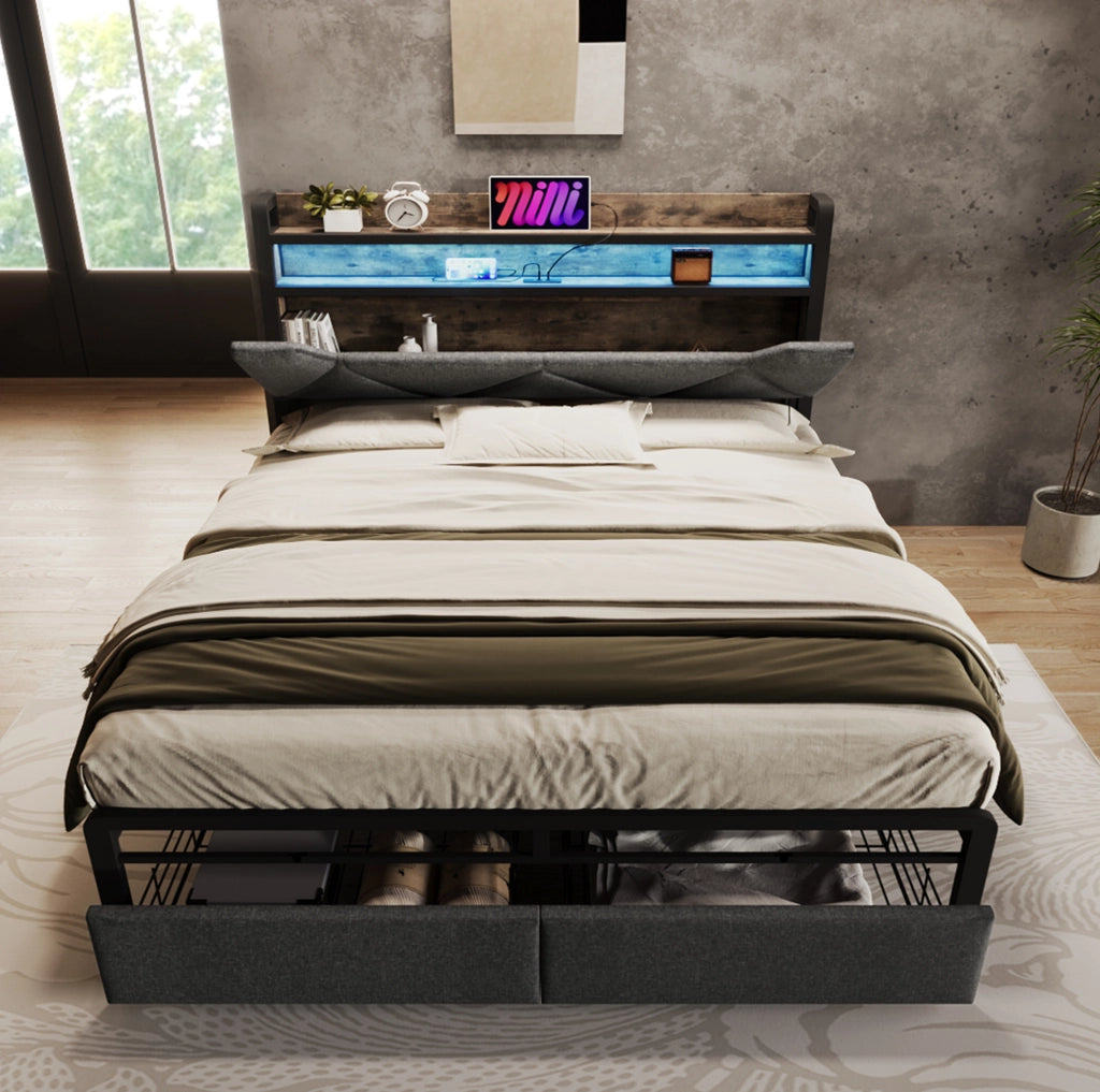 Letto matrimoniale 160x200 cm con LED; USB e USB-C; cassetti e testiera contenitore grigio