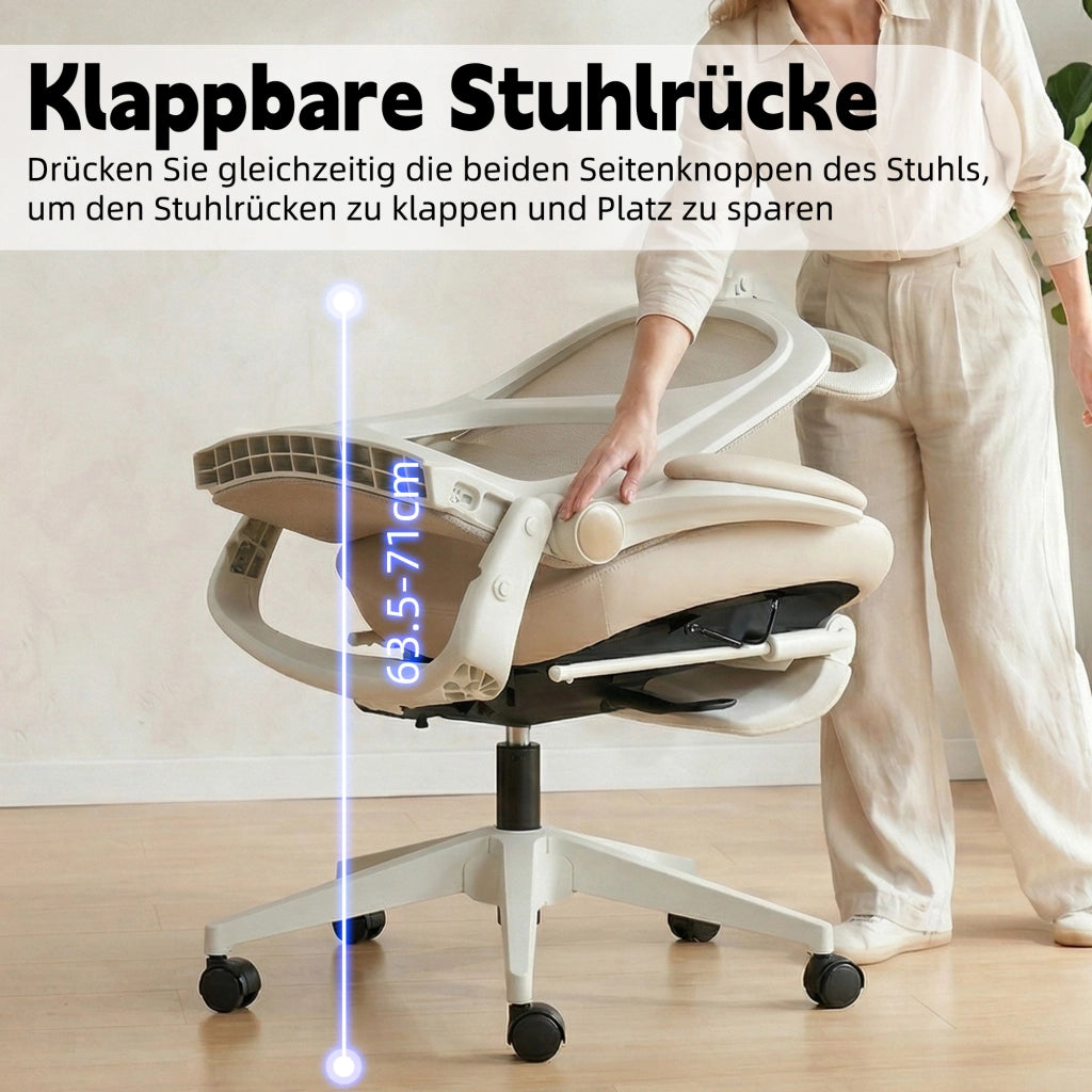 Sedia da ufficio ergonomica pieghevole salvaspazio con poggiatesta 3D, supporto lombare e schienale crema 65 × 61 × 40.5 cm