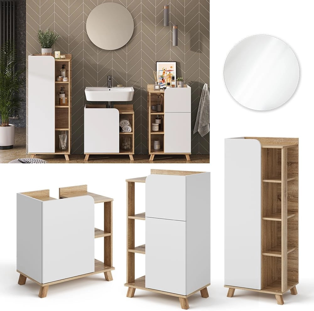 Set di mobili da bagno Karen, Sonoma/Bianco, 60 cm, composto da mobile lavabo, pensile a specchio, colonna e base media