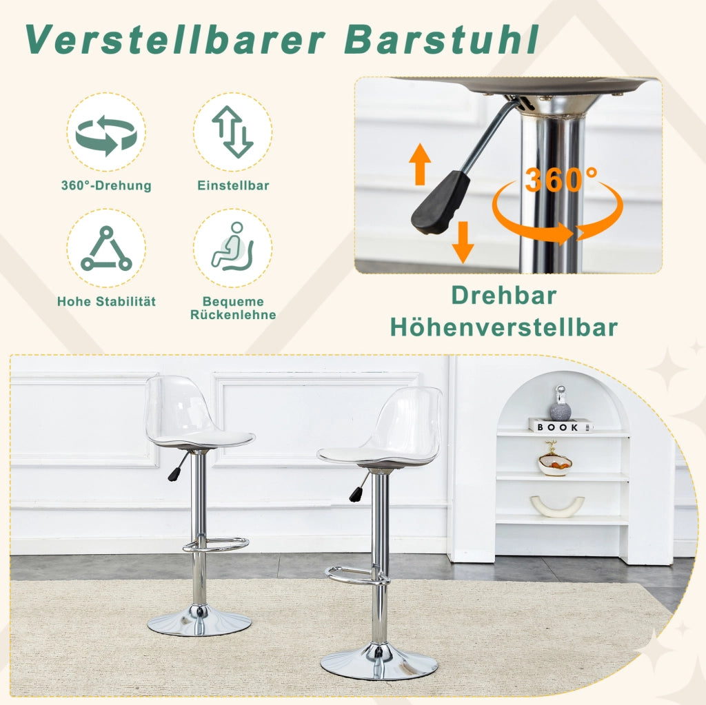 Set di 2 sgabelli da bar regolabili 82-104 cm trasparente e argento, girevoli 360°