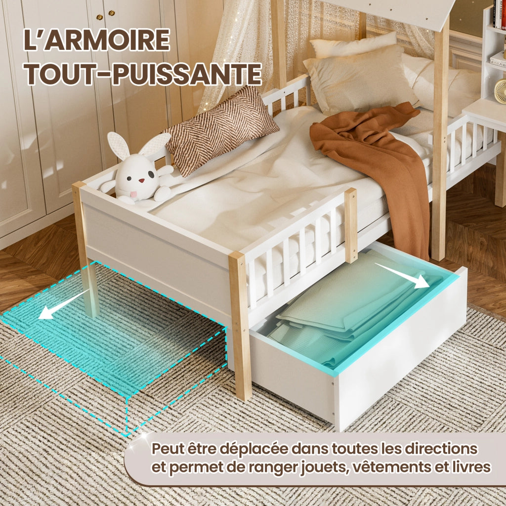 Letto per bambini 90 × 200 cm con scrivania, libreria, cassetti su ruote, sponda di sicurezza, senza materasso