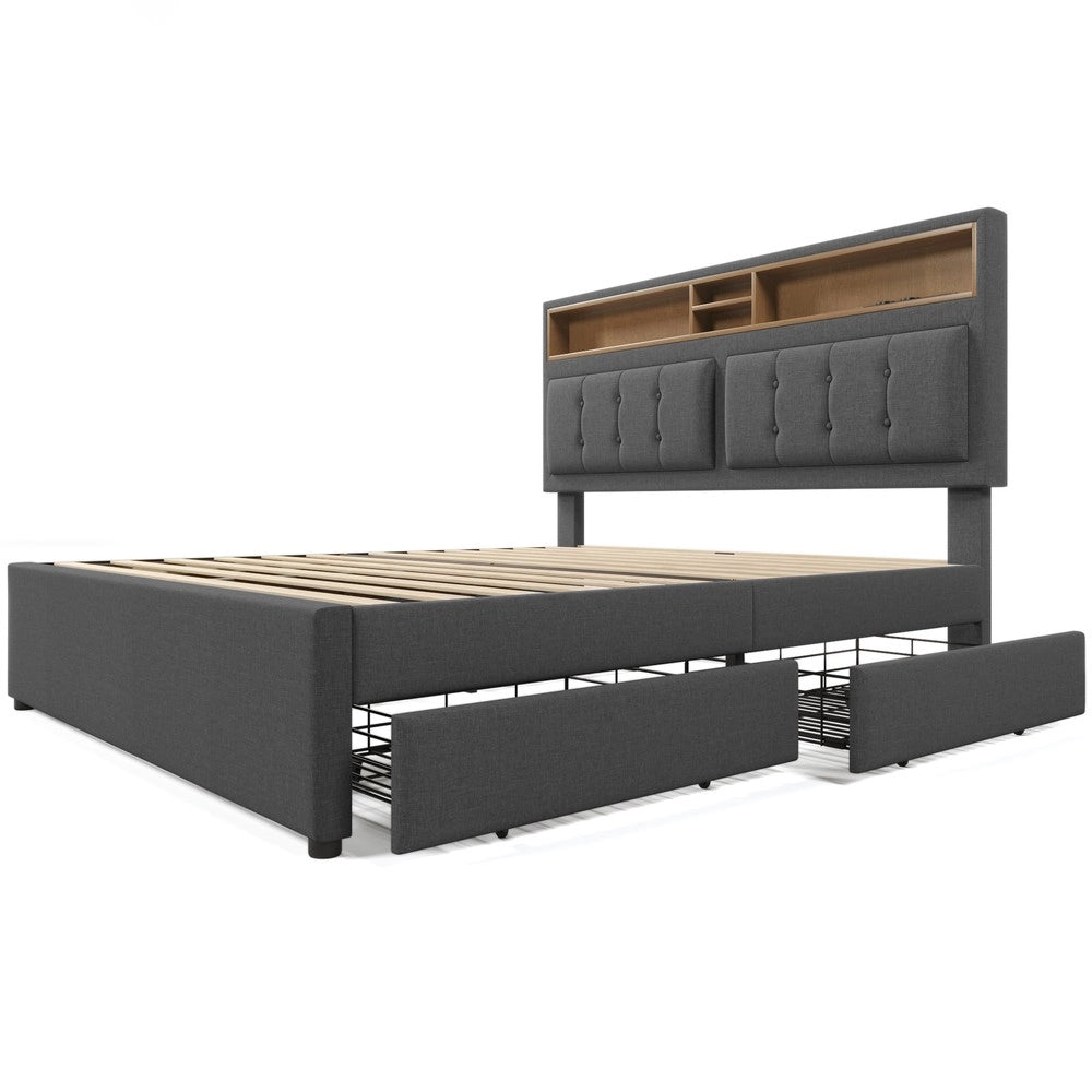Letto Matrimoniale Imbottito con Cassetti e USB ¨C MINIMAL ¨C Testiera Regolabile, Doghe in Legno, 160x200