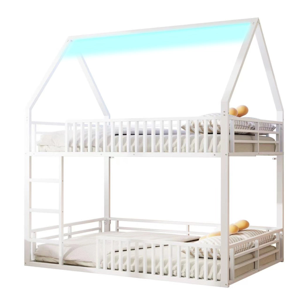 Letto a Castello 140x200 cm; 2 Posti; con LED e Parapetto a Staccionata; in Metallo; Bianco