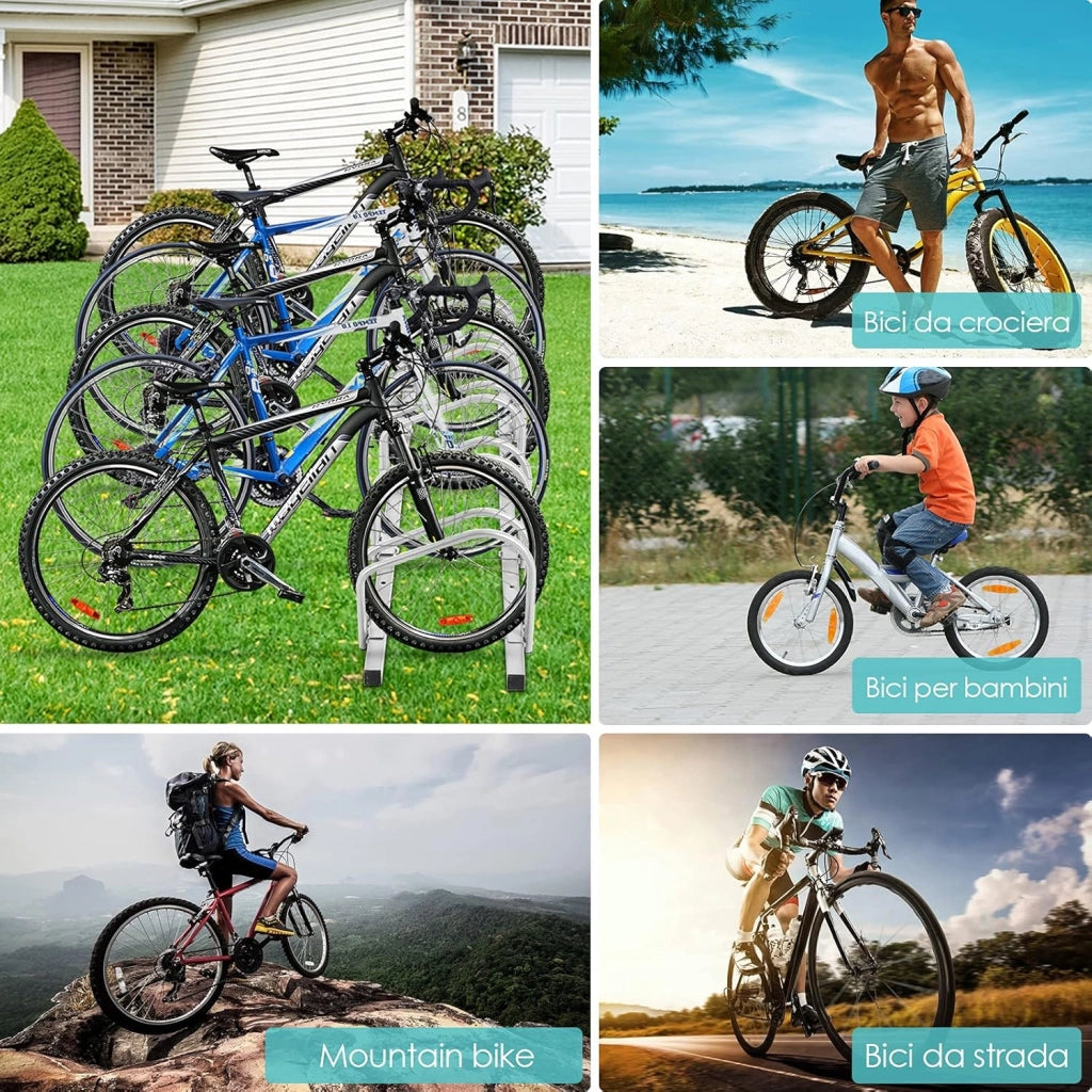 Rastrelliera per Biciclette, Portabiciclette Parcheggio Organizzatore per 4/5/6 Bici, Parcheggio per Biciclette, Telaio d'Acciaio (Argento, 5 Bici)