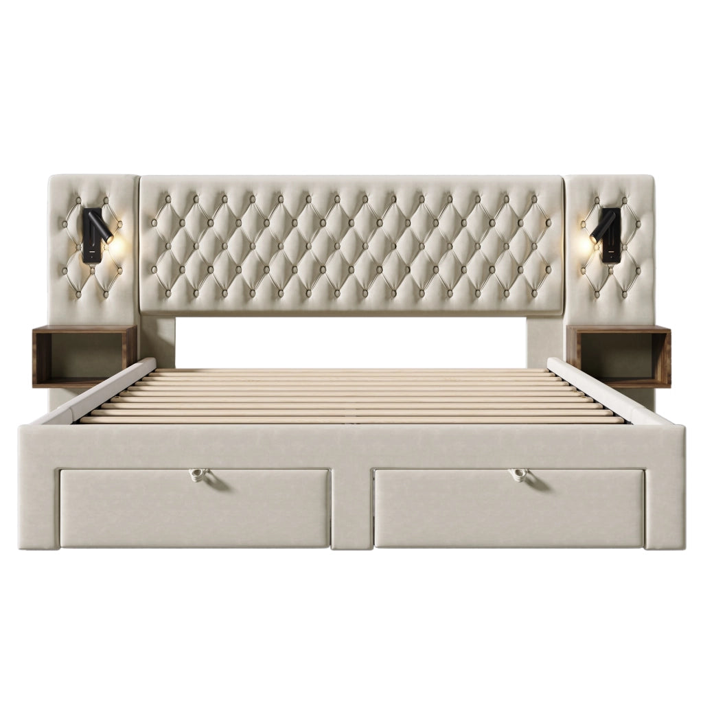 LETTO imbottito Vintage 160x200 cm Velluto Beige con 2 comodini e 4 cassetti
